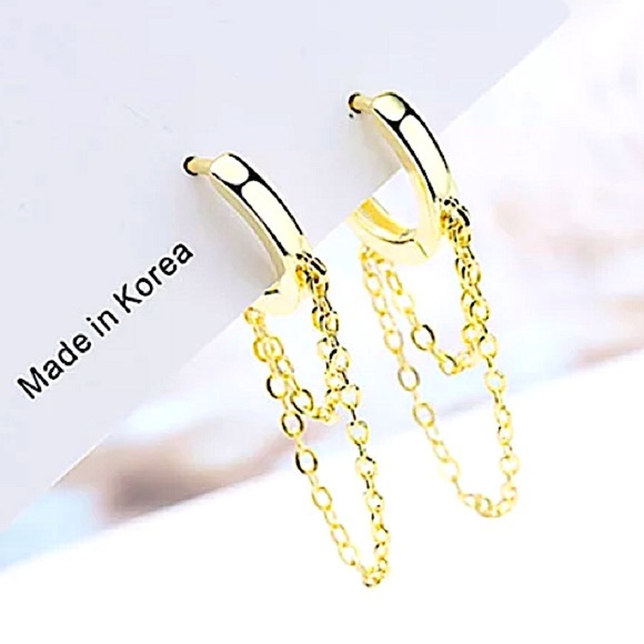 18K GOLD PLATED HOOP CHAIN DROP MINIMALIST EARRINGS - Picture 2 of 4
